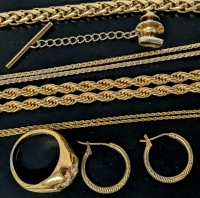 Vintage to Modern Gold Tone Jewelry: 3 Chains (18" - 40"), 1 Bracelet (7"), Hoop Earrings, Tie Pin & Signed Ring (Size 7)