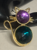 Cat Gold Tone Brooch Jelly Belly Green Stone Purple Face - 2