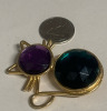 Cat Gold Tone Brooch Jelly Belly Green Stone Purple Face - 4