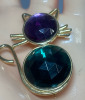 Cat Gold Tone Brooch Jelly Belly Green Stone Purple Face - 6