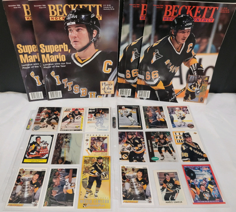 Mario Lemieux Hockey Memorabilia . 18 Trading Cards & 4 Beckett Magazines