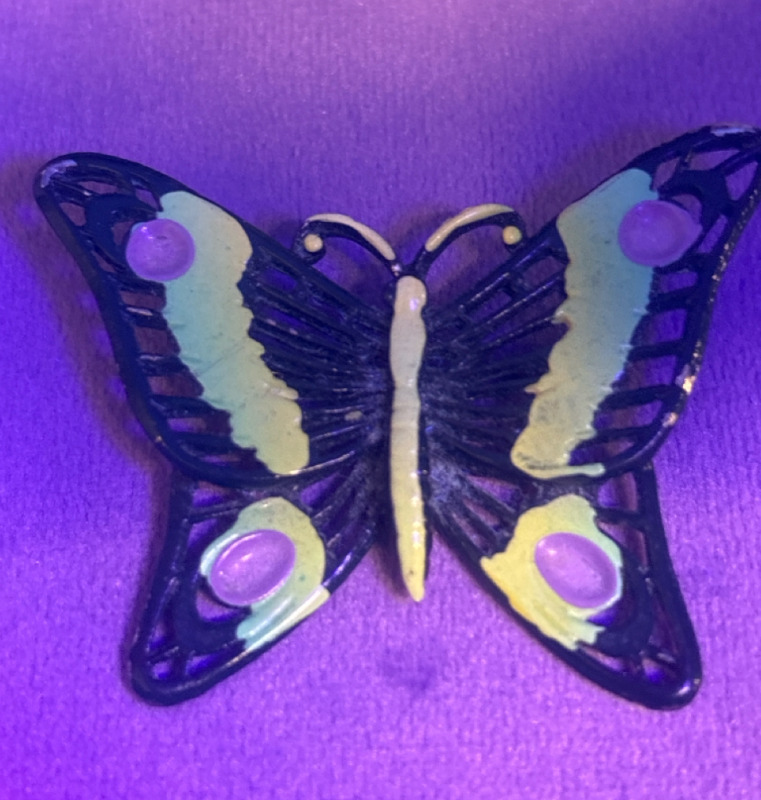 Butterfly Brooch Black Green Purple Enamel Uranium