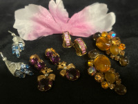 4 Fabulous Vintage Clip On Earrings Baguette Cabs Rhinestones