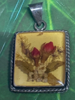 Pressed Flower Sterling Pendant Signed TE 24 Mexico 925