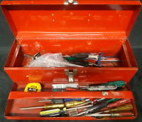 Assorted Tool Lot + Metal Tool box | Lot Includes But Isnt Limited To; Several Screwdrivers, Hammer, Wrench & Measuring Tape