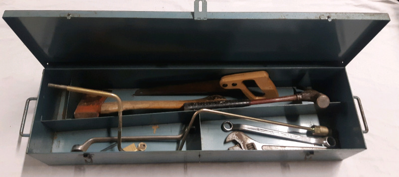 Assorted Hand Tool Lot + Tool Box | Lot Includes But Isnt Limited To; Wooden Handle Axe & Saw, Hammer & 2 Wrenches