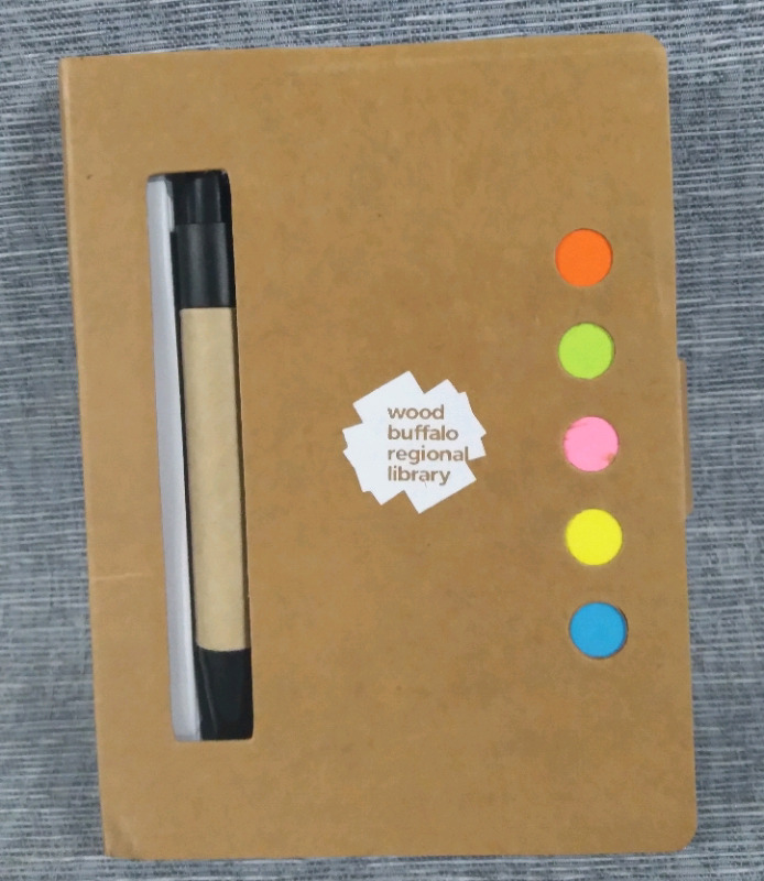 13 New Pocket Notebooks with Pen & Post It's - Logo On Front Wood Buffalo Regional Library