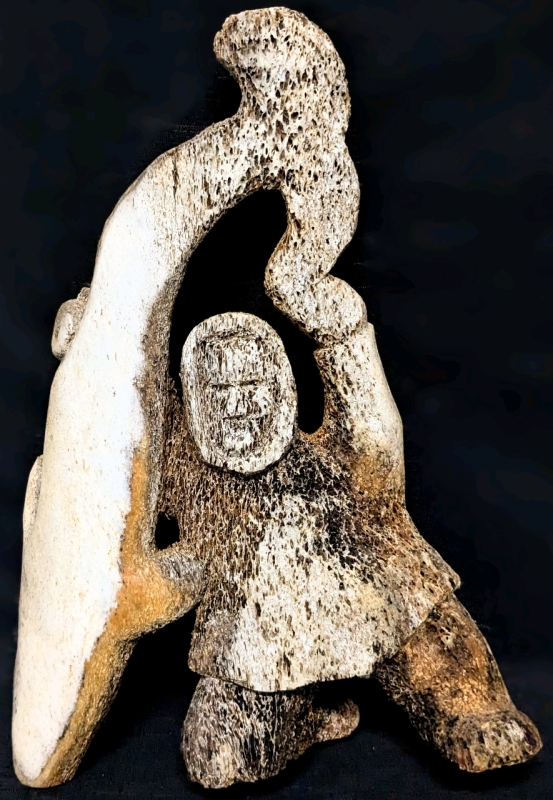 Vintage Weather-Worn Inuit & Fish Carving Made of Driftwood-Like Natural Material | 12" x 7.5"