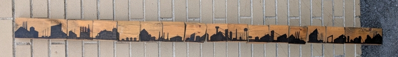 Huge Spinable Wooden Wall Art with Painted Industrial Cityscape | 3.4" x 1.75" x 69" Long