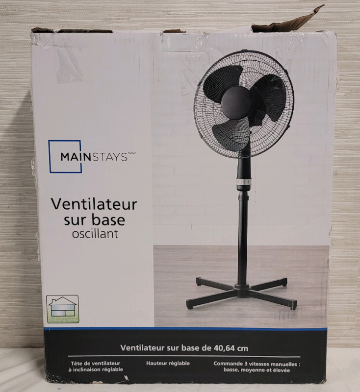 New - MainStays Oscillating Stand Fan , Adjustable Height & 3-Speed Setting . Some Assembly Required