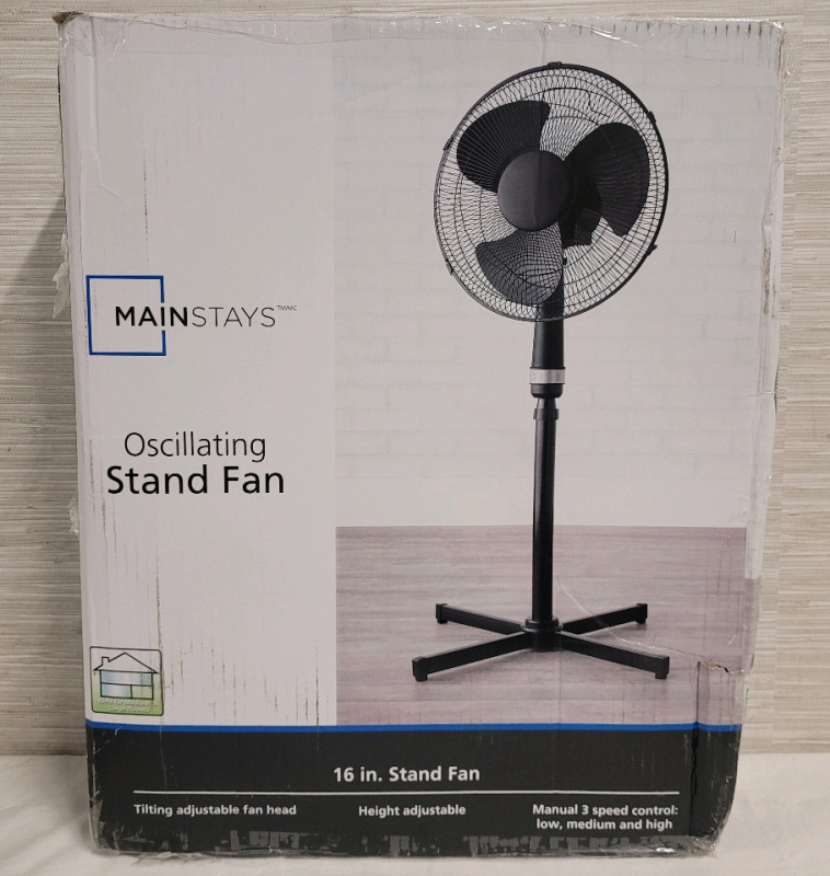 New - MainStays Oscillating Stand Fan , Adjustable Height & 3-Speed Setting . Some Assembly Required