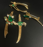 4 Vintage Green Rhinestone Brooches Swords Wishbone Butterfly