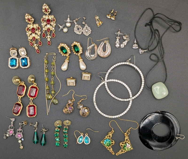 21 Pairs Assorted Vintage to Modern Earrings incl Lovely Large CZ Studs + Polished Stone on Cord