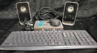 Logitech Computer Speakers (Tested For Power), D-Link 4-Port KVM Switch (Untested) , Logitech Wireless M170 Mouse And K235 Keyboard With Dongle (Both Working, Tested) And 2 PC Power Cords