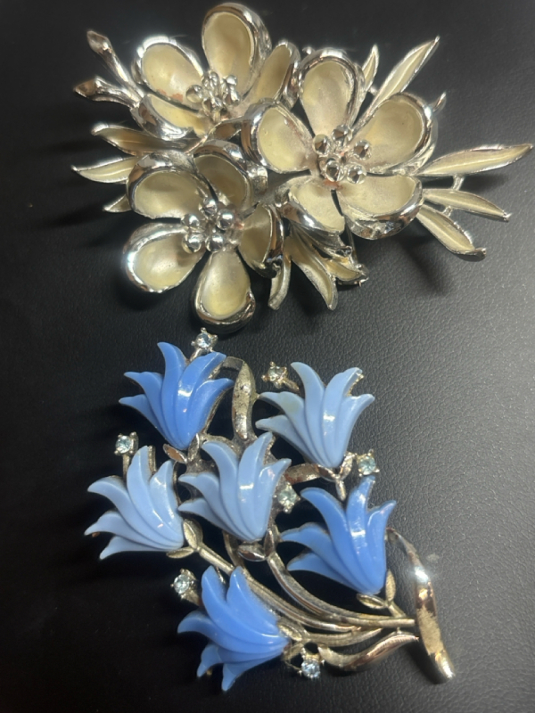 CORO Blue Lucite Tulip Brooch & Large Enamel 3D Fower Brooch