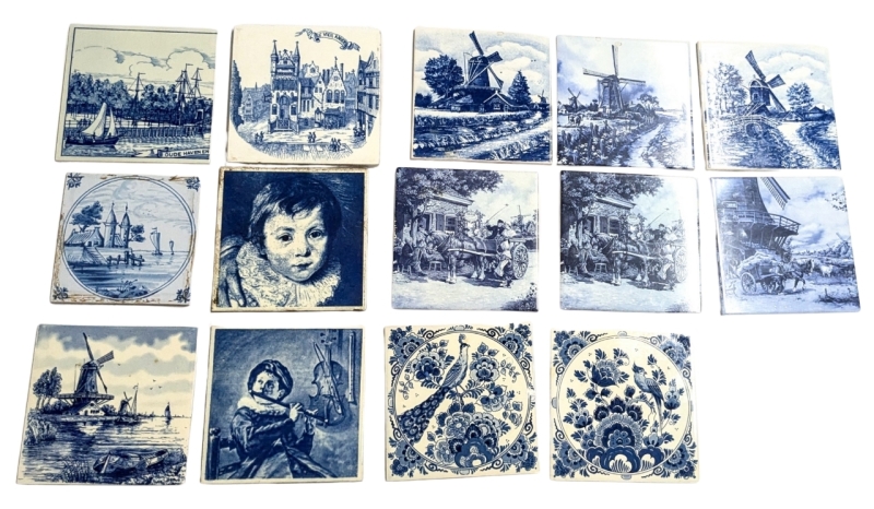 14 Vintage Holland Dutch Delft Blue Ceramic Tiles includes Handpainted Tiles! | Most 6" x 6"