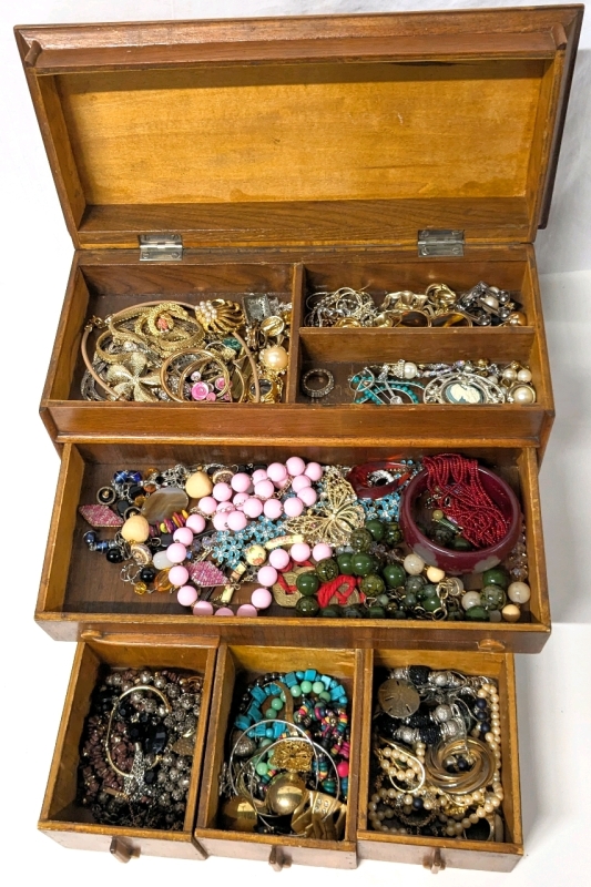 Vintage Wooden Jewelry Box with Drawers A-Plenty & Unsorted Jewelry Contents | 7" x 14.5" x 9" Tall