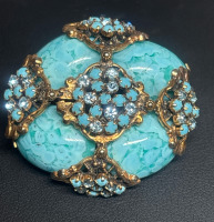 Vintage Turquoise Art Glass Opaque Turquoise & Blue Rhinestone Brooch