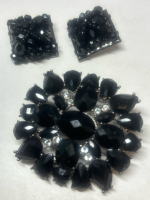 Signed Liz Claiborne Black Clear Rhinestone Brooch & Earrings