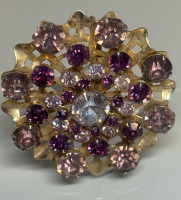 Shades of Purple Chatons Brooch with Crimped Gold Tone & Rhinestones