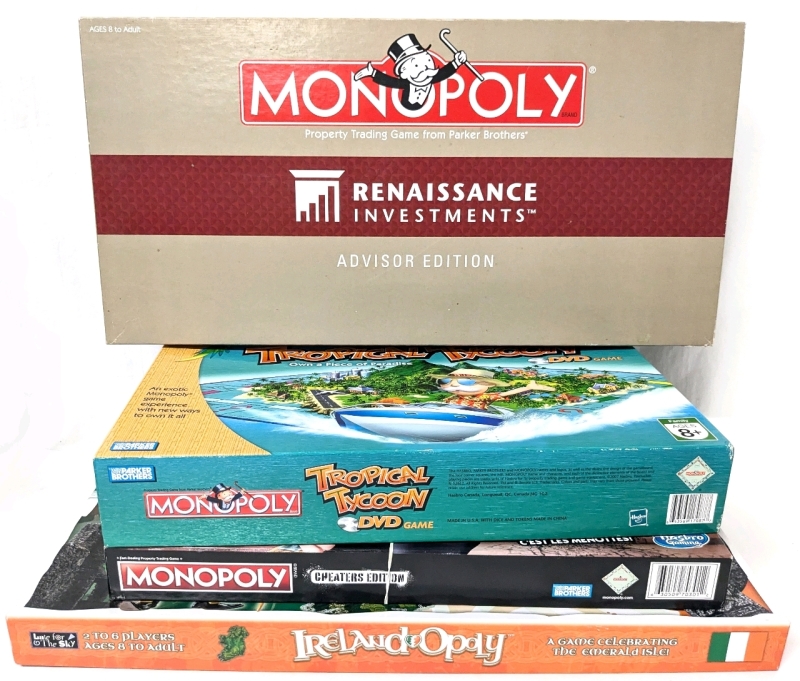 3 Monopoly + 1 "Opoly" Games | Cheater's Edition, Tropical Tycoon DVD, Renaissance Investments Advisor Edition & Ireland-Opoly