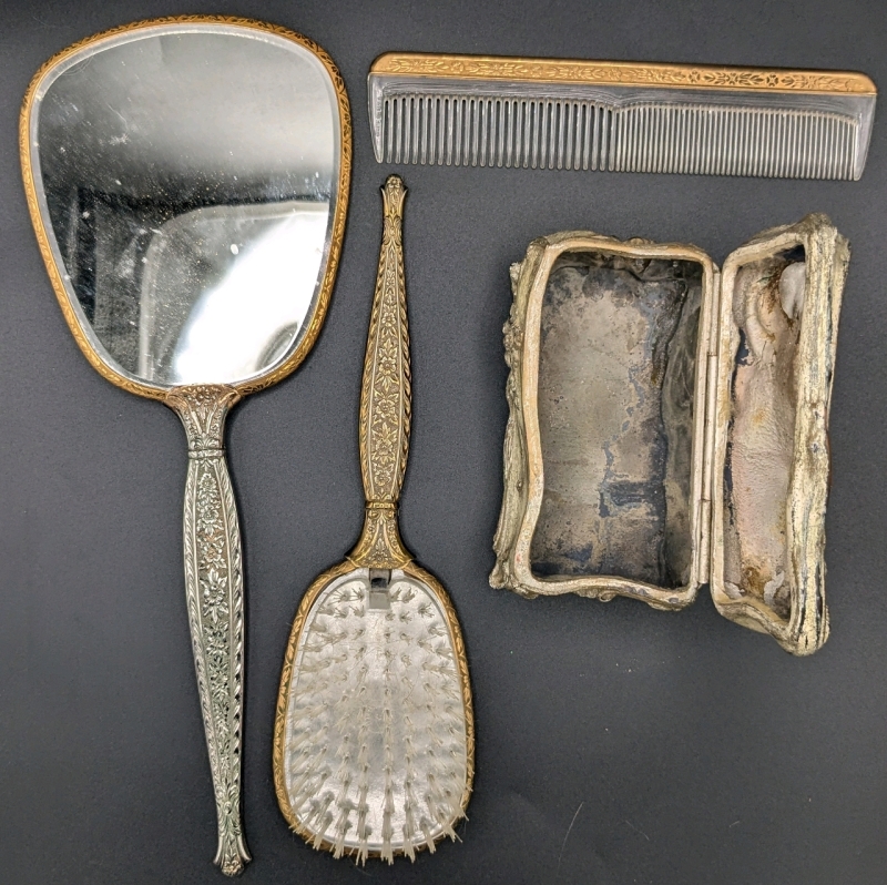 Vintage Metal Jewelry Box / Casket, Matching Metal Mirror & Brush, Comb Made in USA