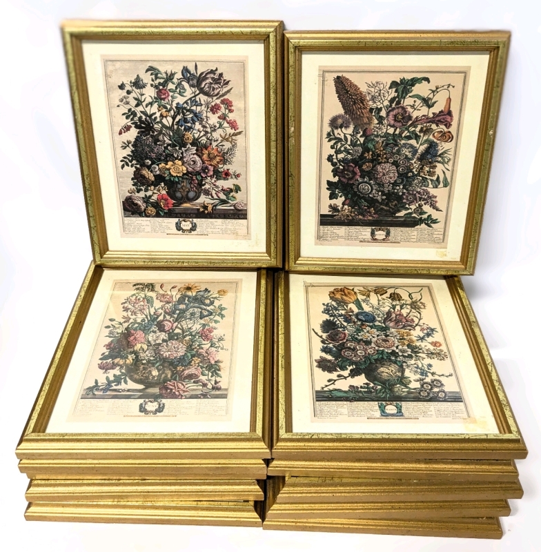 Complete Set of 12 Vintage Framed Robert Furber Botanical Prints from the Bombay Company | 9" x 11" | (January to December)