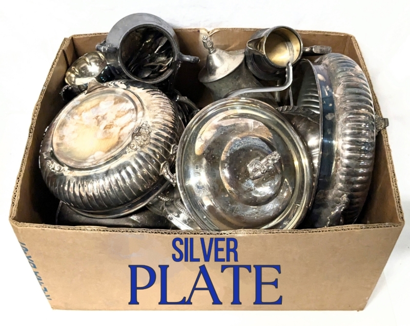 Large Assortment of Silver Plate Pieces : Coffee Pots, Dishes, Plates, Spoons etc | Up to 10" Tall