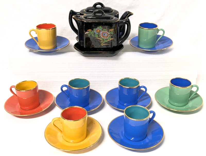 Gorgeous Vintage APILCO Yves Deshoulieres Espresso Cups & Saucers + Small Vintage Twin Teapot Set with Tray Made in Japan