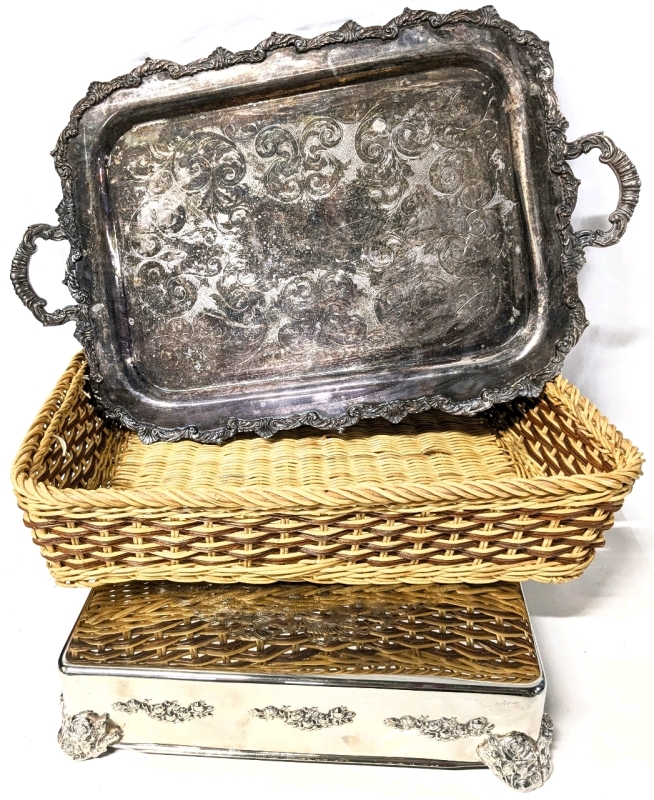 Large Vintage Wicker & Silver Plate Trays + Stand | Marlboro Plate Handled Serving Tray, Fancy Elegance Indonesia Footed Cake / Plant Stand +