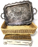 Large Vintage Wicker & Silver Plate Trays + Stand | Marlboro Plate Handled Serving Tray, Fancy Elegance Indonesia Footed Cake / Plant Stand +