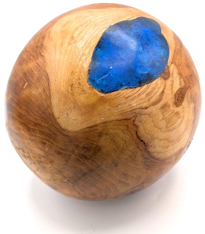 Fun Hand-Turned Wooden Ball with Faceted Blue Resin | 5.5" Tall