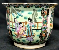 Large Vintage Handpainted Porcelain Plant Pot feat Courtesans, Birds & Flowers | 12.2" Diameter x 9.2" Tall