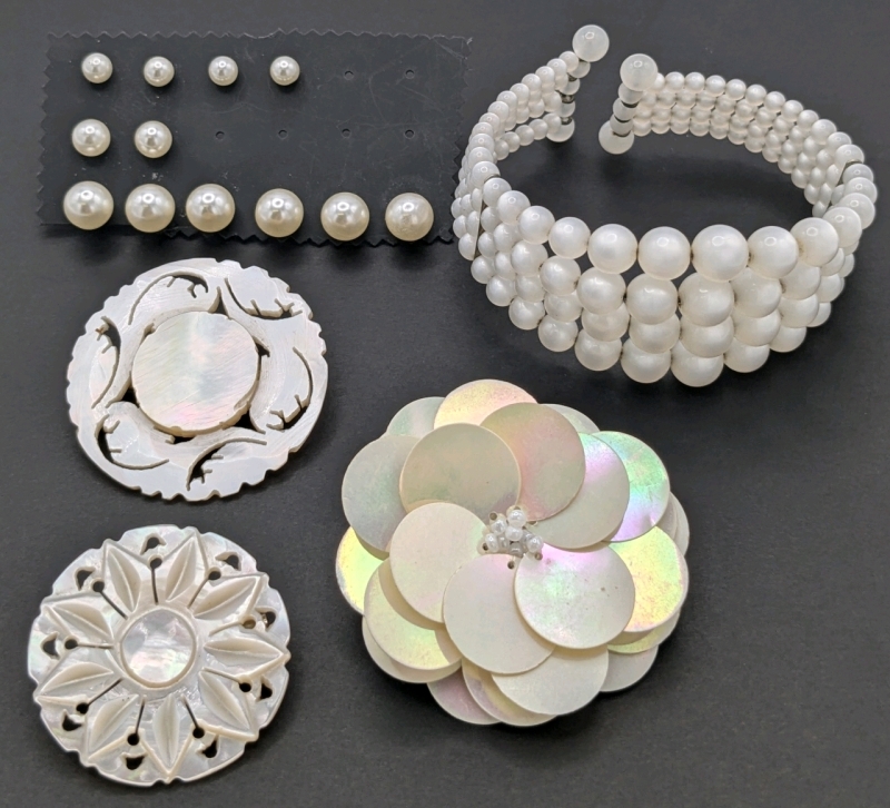 Vintage to Modern Iridescence : 2 Carved Mother of Pearl Brooches, Large Beaded Clip-On, Faux Pearl Open-Cuff Bracelet & 6 Pairs of Faux Pearl Earrings