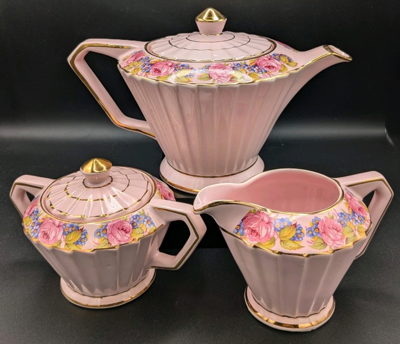 Vintage Sadler England Art Deco Pink & Gold Floral Teapot, Creamer & Lidded Sugar Dish | Teapot is 6.25" Tall