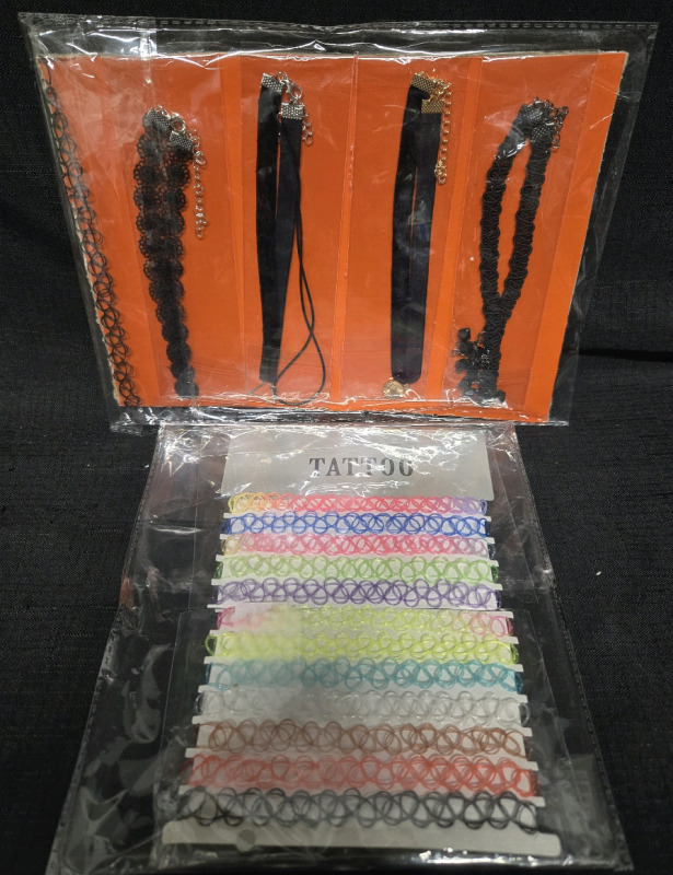 17 Pcs New | 5 Black Fabric Necklaces & 12 Plastic Nylon Tatoo Necklaces With A Variety Of Colours