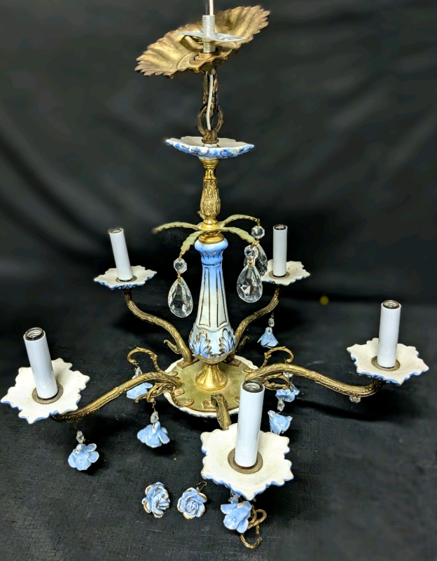 Vintage Blue, White & Gold Tone Porcelain & Brass Electric Chandelier with Hanging Porcelain Roses and Prisms | Made in Spain | 20" Wide x 18' Long