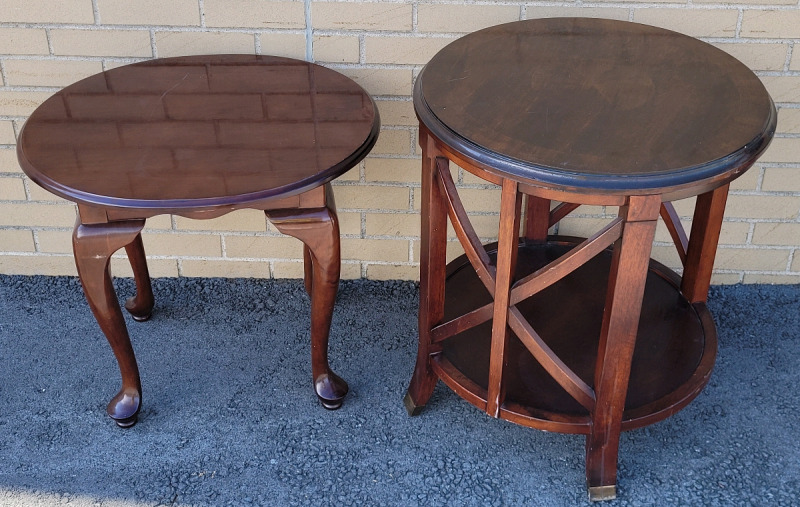 Bombay Company Round Side Tables . Measures 26" & 22" Tall . Some Scuffs & Scratches on Top