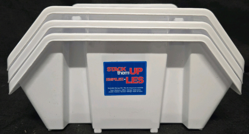 3 New | Stack Them Up White Plastic Stackable Storage Containers ( 10" x 7" x 6" )