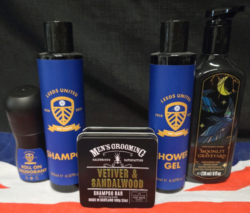 New & Not : Assorted mens Bath & Shower Products +British Flag | Includes But Isn't Limited To Leeds United Shower Gel, Shampoo & Roll on Deodorant