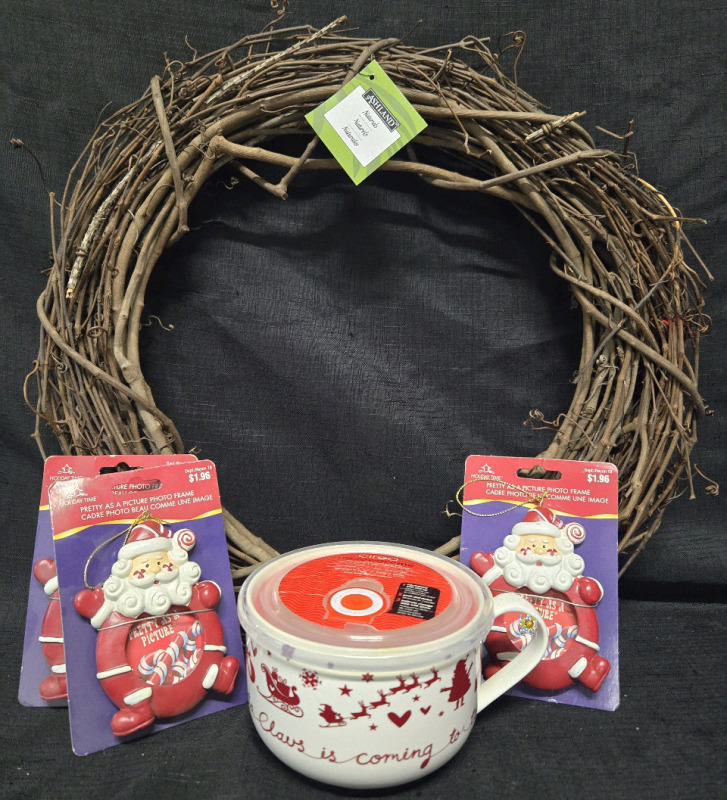 New Assorted Christmas Lot, Includes; 1 Ashland Natural Wreath, 1 Ciroa Microwavable Fine Bone China Bowl With Silicone Seal Lid & Steam Release Button, 3 Santa Claus Tree Ornaments