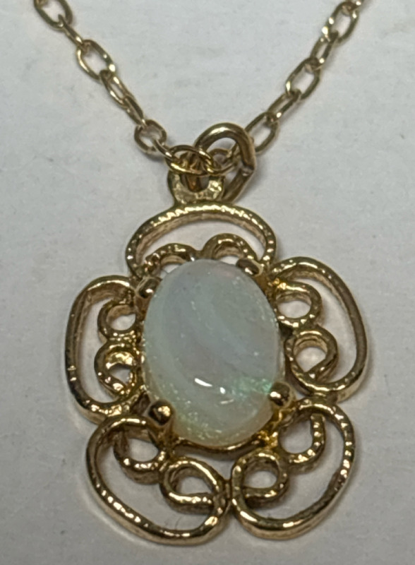 White Opal Filigree Sterling Gold over Pendant with Chain