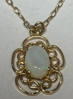 White Opal Filigree Sterling Gold over Pendant with Chain