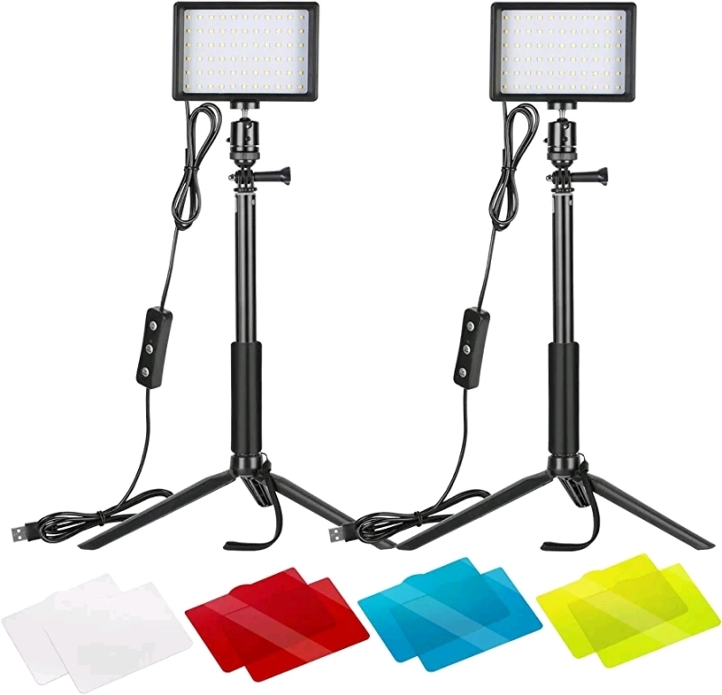 New NEEWER Dimmable USB LED Video Lights with Adjustable Tripod Stand and Color Filters. 2 pack.