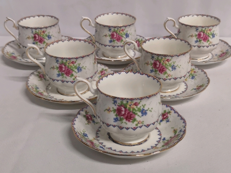 6 Vintage Royal Albert Petit Point Cups & Saucers - Made in England