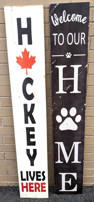 2 Tall Wood Reversible Plank-Style Signs | Welcome to Our Home & Hockey | 7.75" x 48" Tall ea