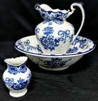 Antique "Flow Blue" Huron F Winkle & Co Ltd England Transferware / Whieldon Ware Pitcher, Washbasin & Vase