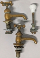 Vintage Brass / Porcelain Hot & Cold Faucets + Drain Pull | Faucets 3.5" Tall Installed, 6" Tall Total Height