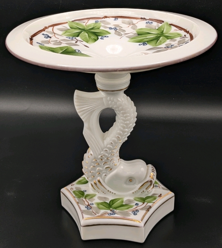 Vintage Unsigned Westmoreland Charelton Decorated Milk Glass Dolphin Compote / Footed Pedestal Dish | 7.15" Diameter x 7.6" Tall