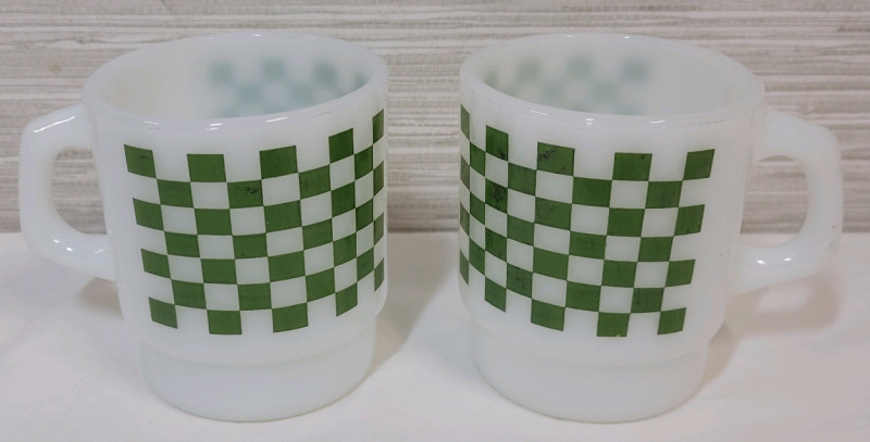 Vintage Fireking Green Checkered Milk Glass Coffee Mugs , Pair . No chips or cracks